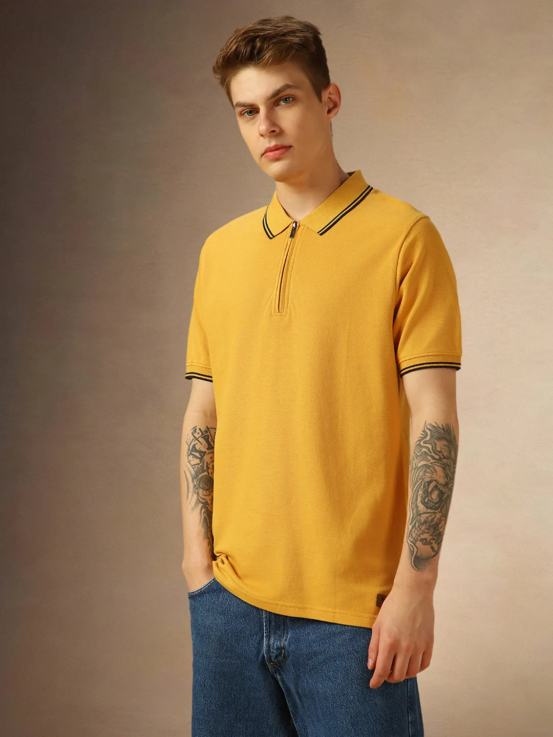 Men's Mustard Solid Polo Collar Half Sleeves T-shirt