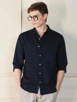 Men's Navy Blue Solid Spread Collar Long Sleeves Regular Fit Casual Shirt