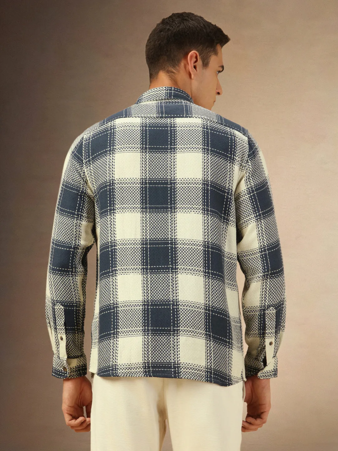 Men's Navy Checks Full Sleeves Casual Flannel Shacket