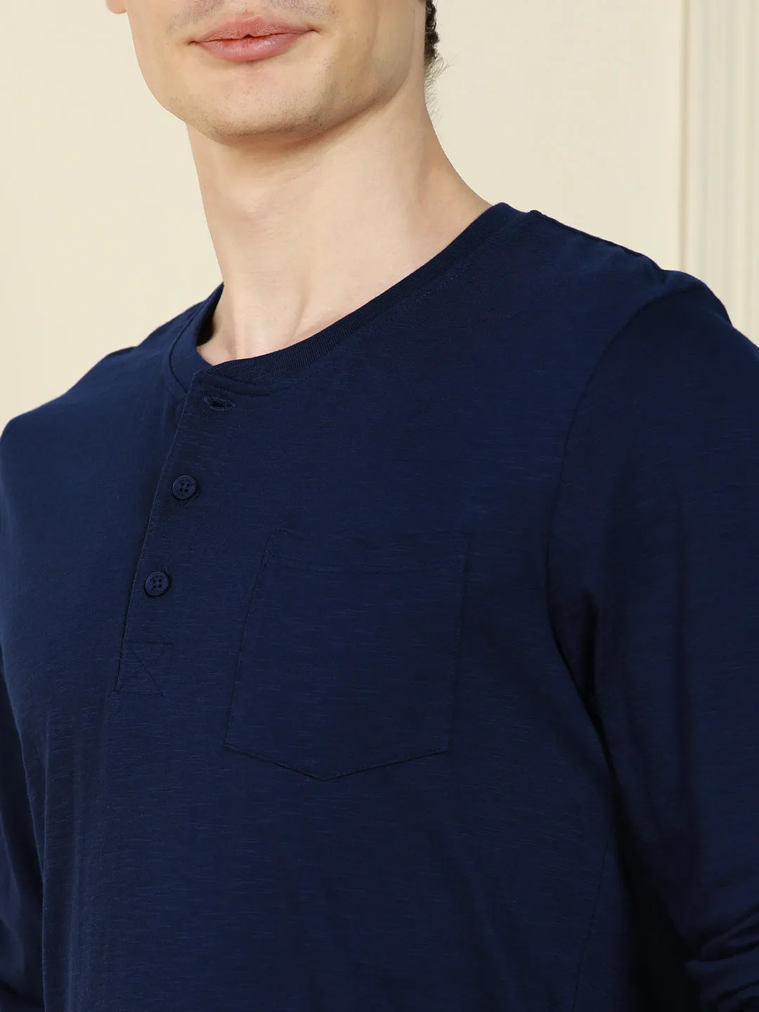 Men's Navy Henley Neck Solid Cotton T-Shirt