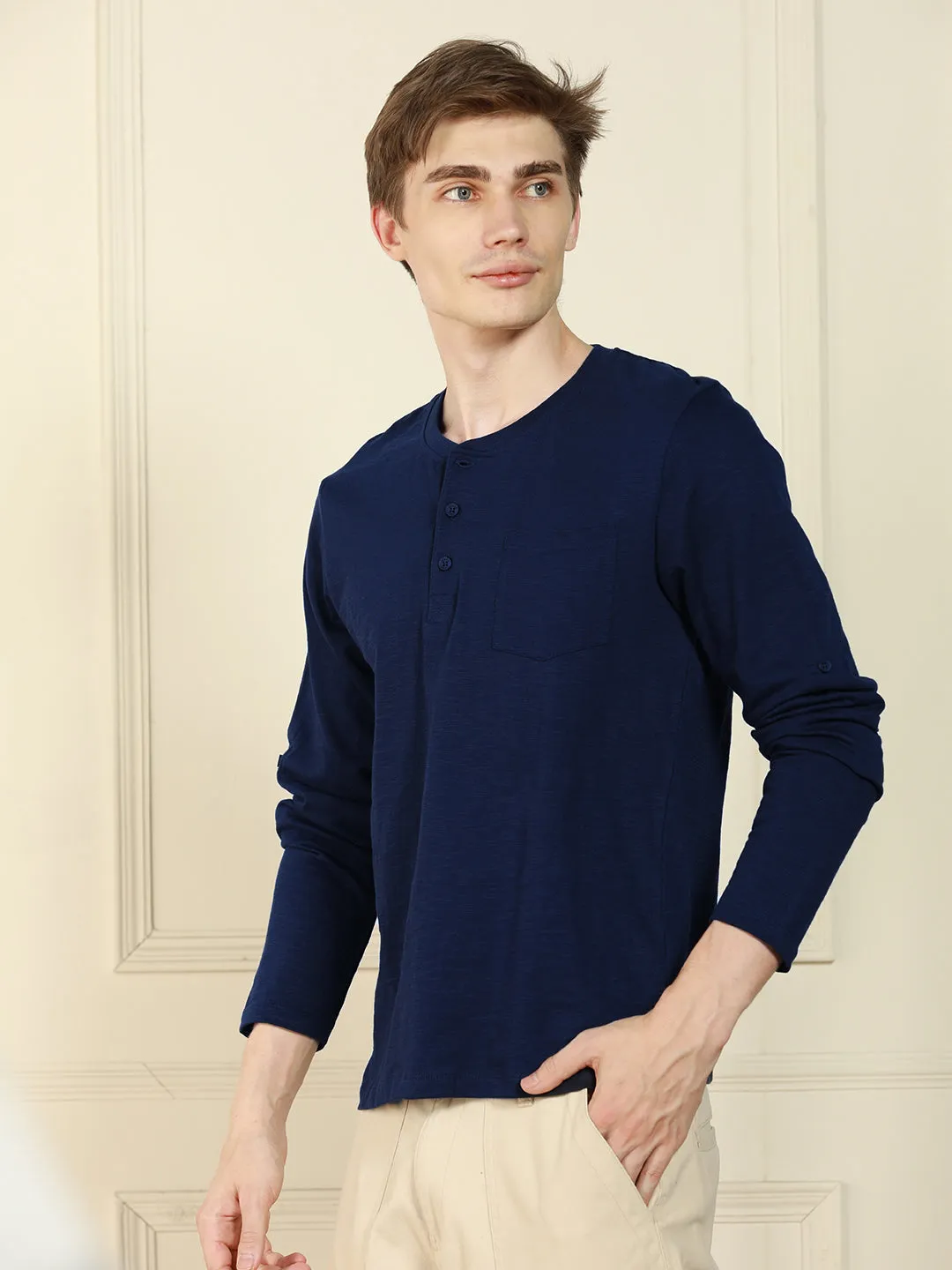 Men's Navy Henley Neck Solid Cotton T-Shirt