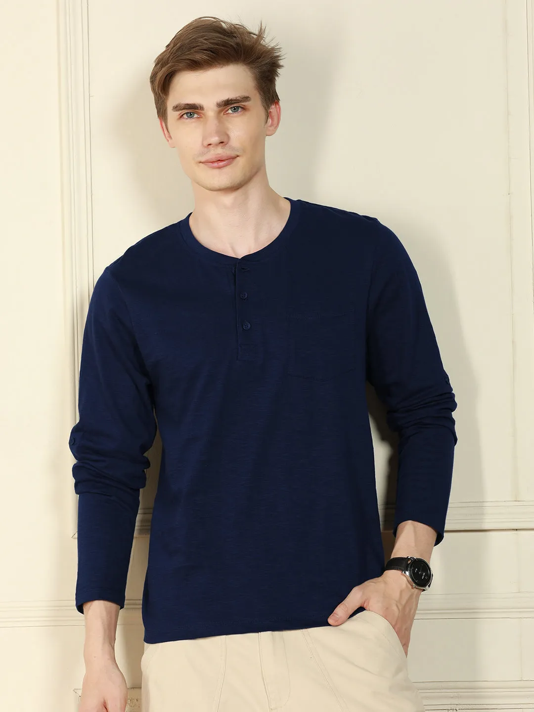 Men's Navy Henley Neck Solid Cotton T-Shirt