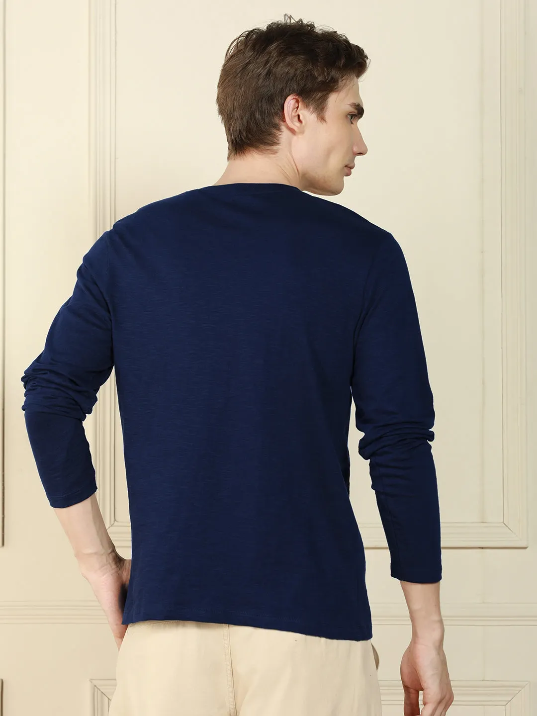 Men's Navy Henley Neck Solid Cotton T-Shirt