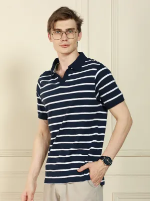 Men's Navy Polo Collar Striped Cotton T-Shirt