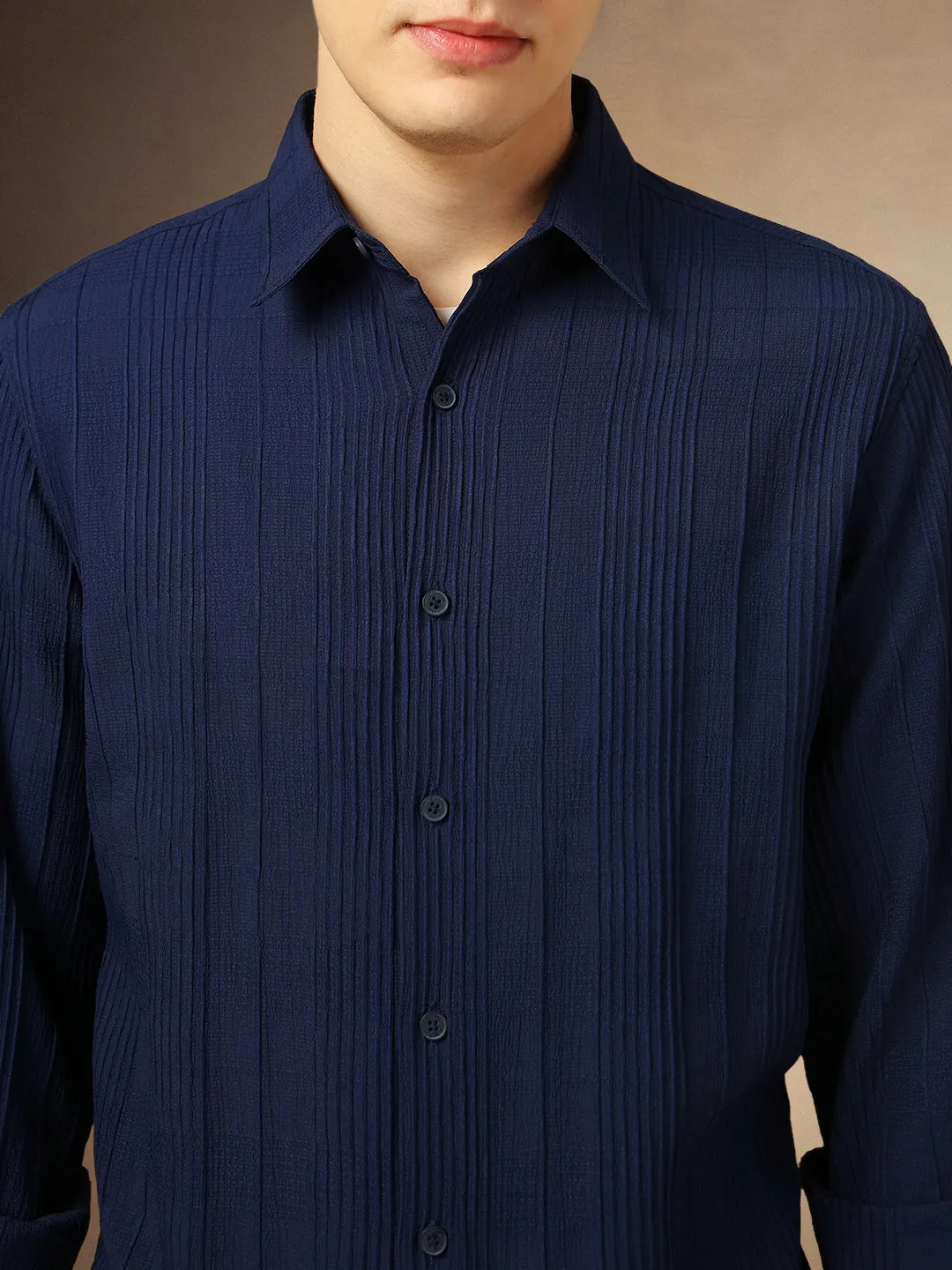 Men's Navy Textured Spread Collar Full Sleeves Shirt