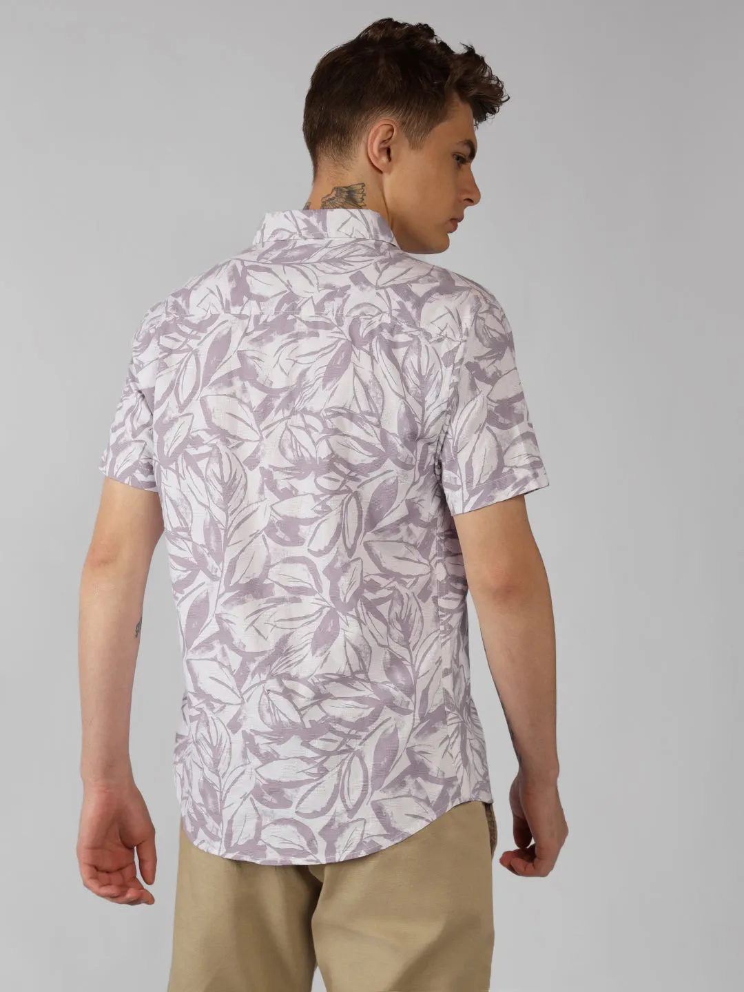 Men's Pink Floral Print Spread Collar Short Sleeves Relaxed Fit Casual Shirt