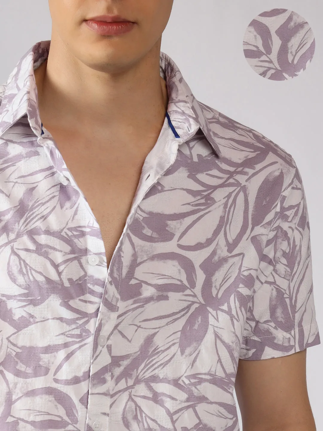 Men's Pink Floral Print Spread Collar Short Sleeves Relaxed Fit Casual Shirt