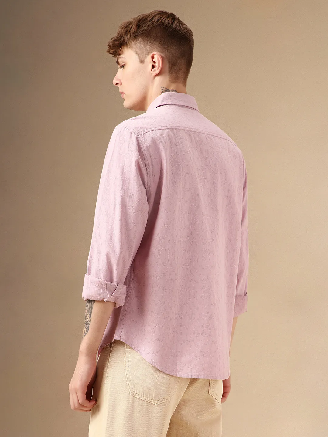 Men's Pink Textured Spread Collar Full Sleeves 100% Cotton Casual Shirt