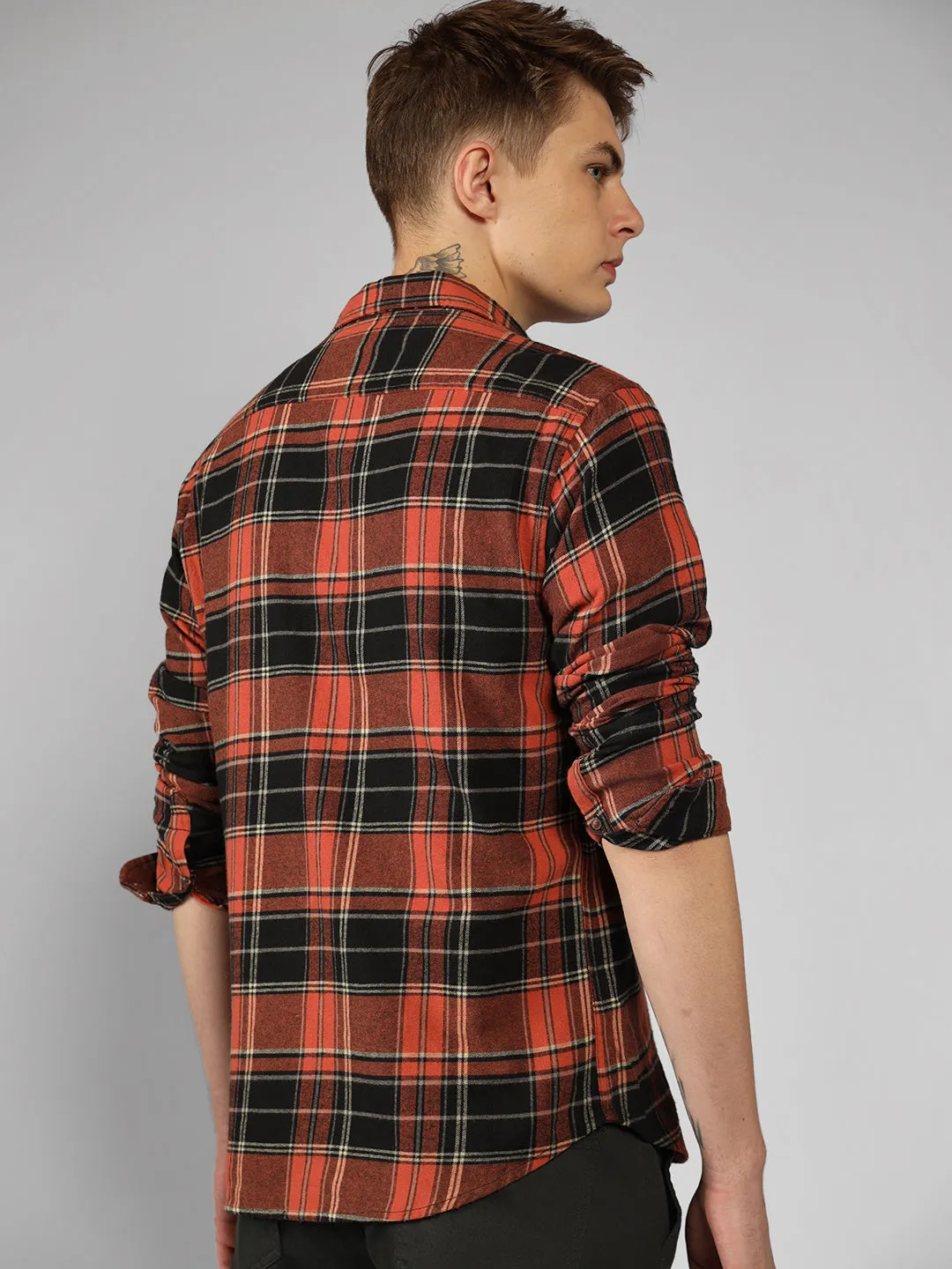 Men's Rust Checks Spread Collar Full Sleeve Relaxed Fit Shirt