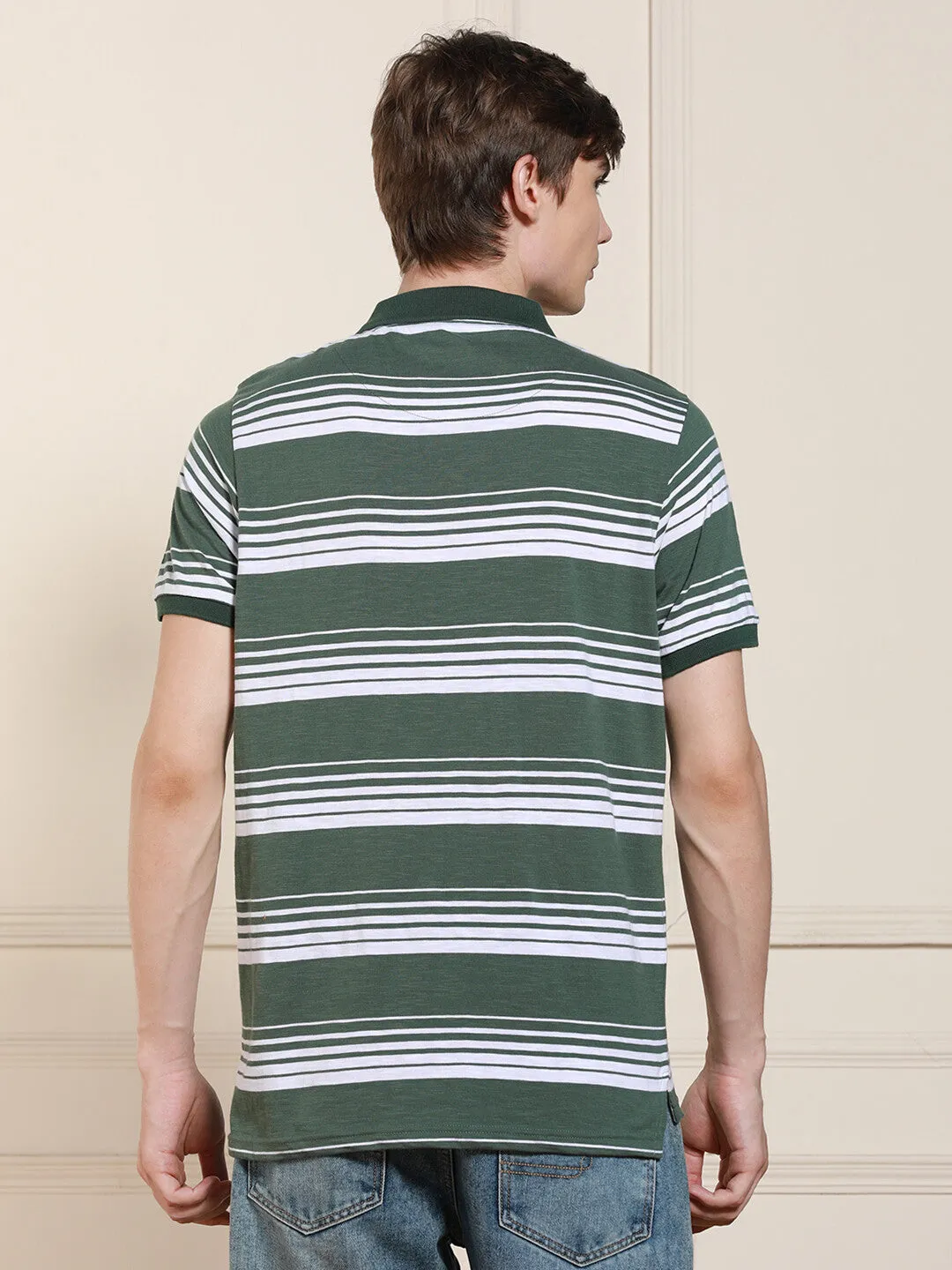 Men's Sage green Striped Polo Collar Half Sleeves Casual T-Shirt