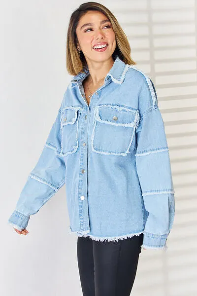 PEACE Raw Hem Dropped Shoulder Denim Top