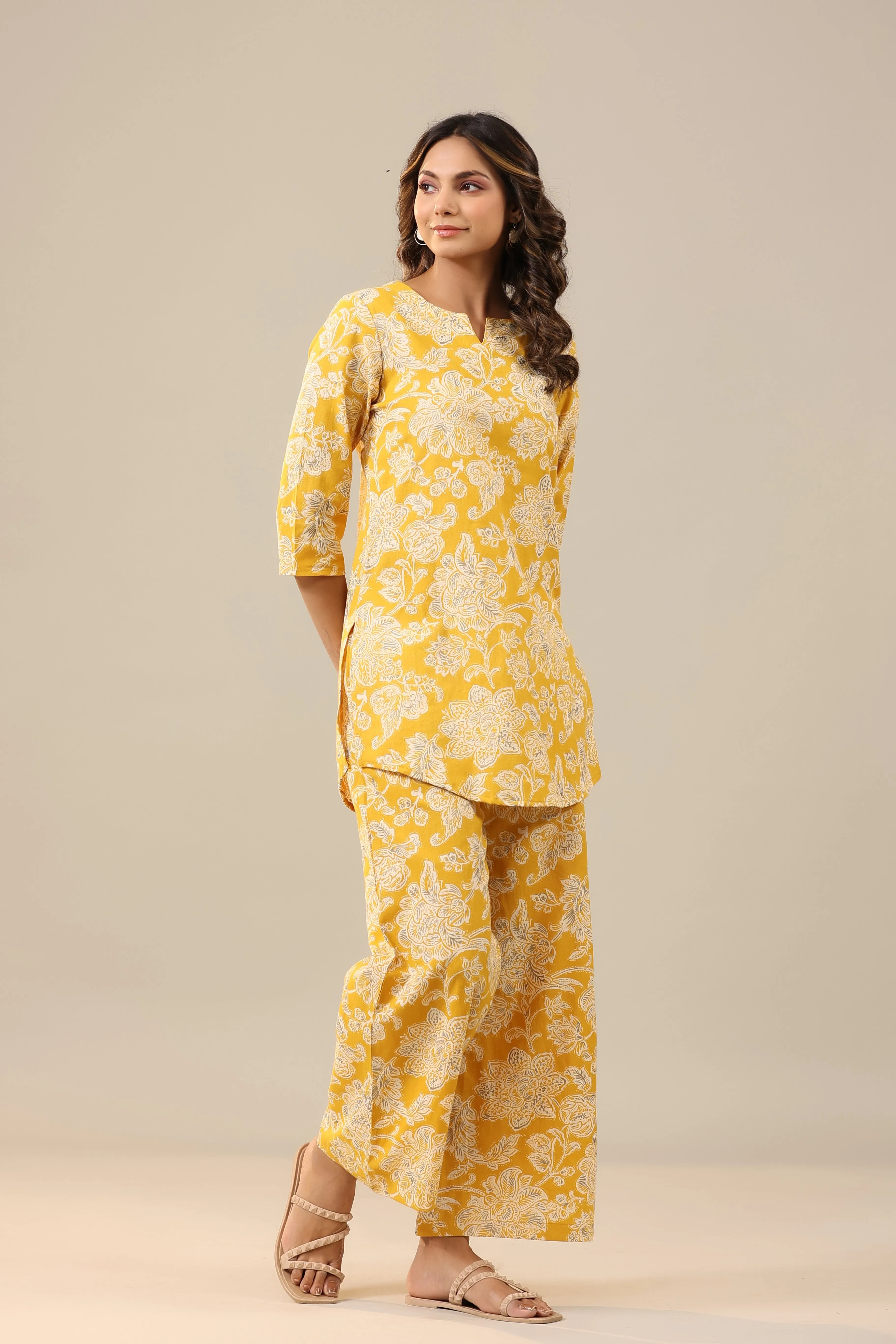 Peony Yellow Cotton Flex Palazzo Loungewear Set