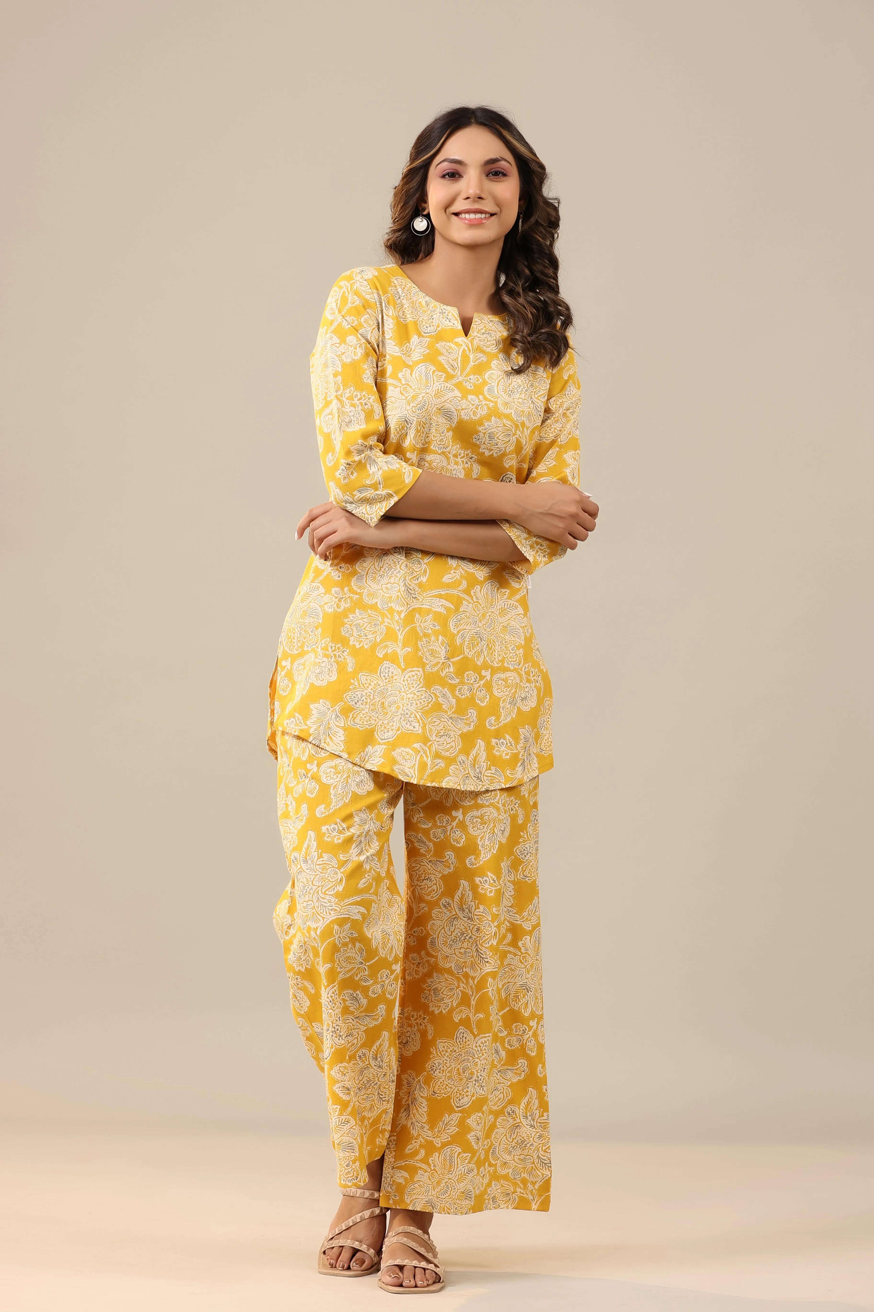 Peony Yellow Cotton Flex Palazzo Loungewear Set