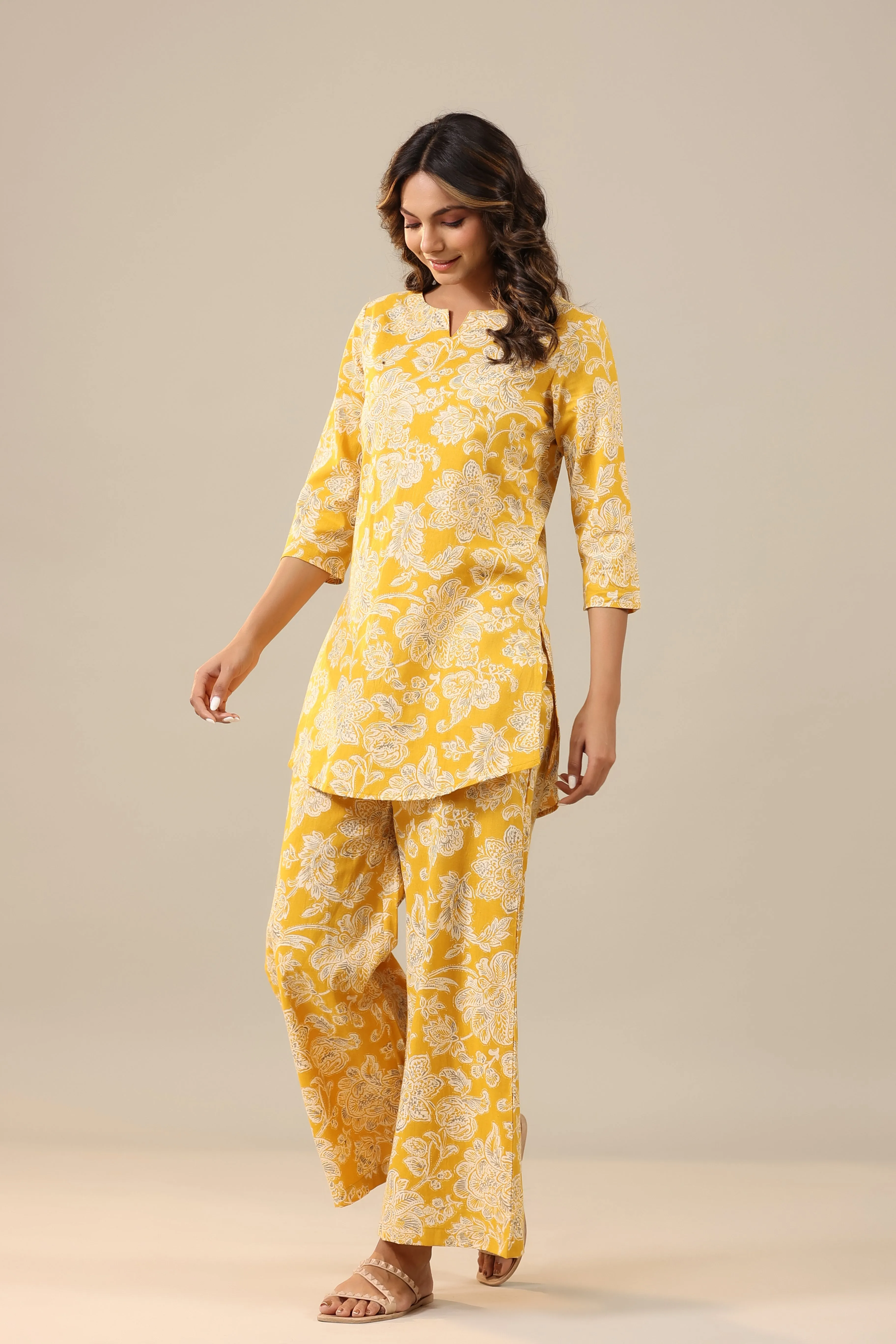 Peony Yellow Cotton Flex Palazzo Loungewear Set