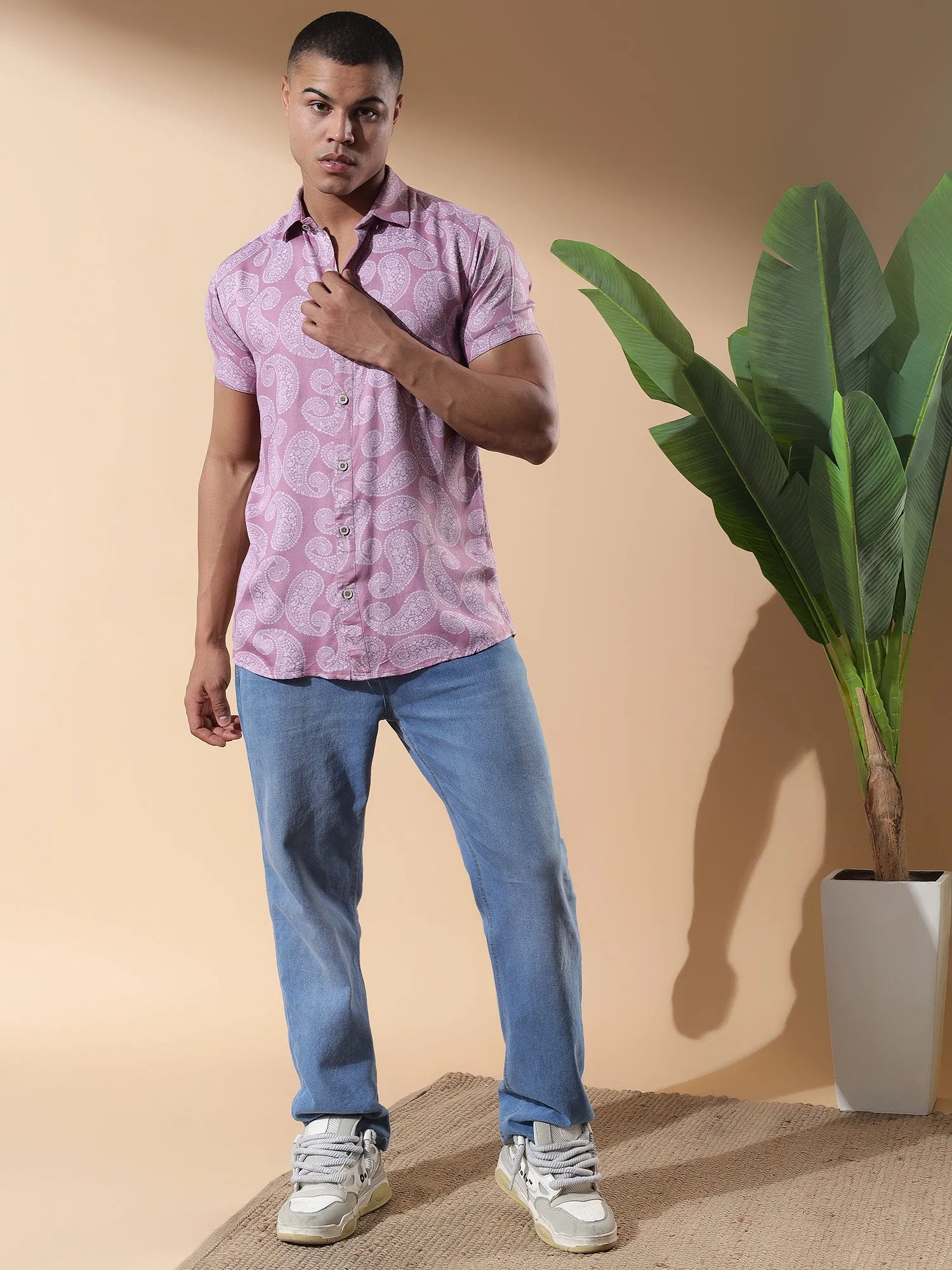 Pink Half Casual Printed Cotton Shirt Regular Fit For Man