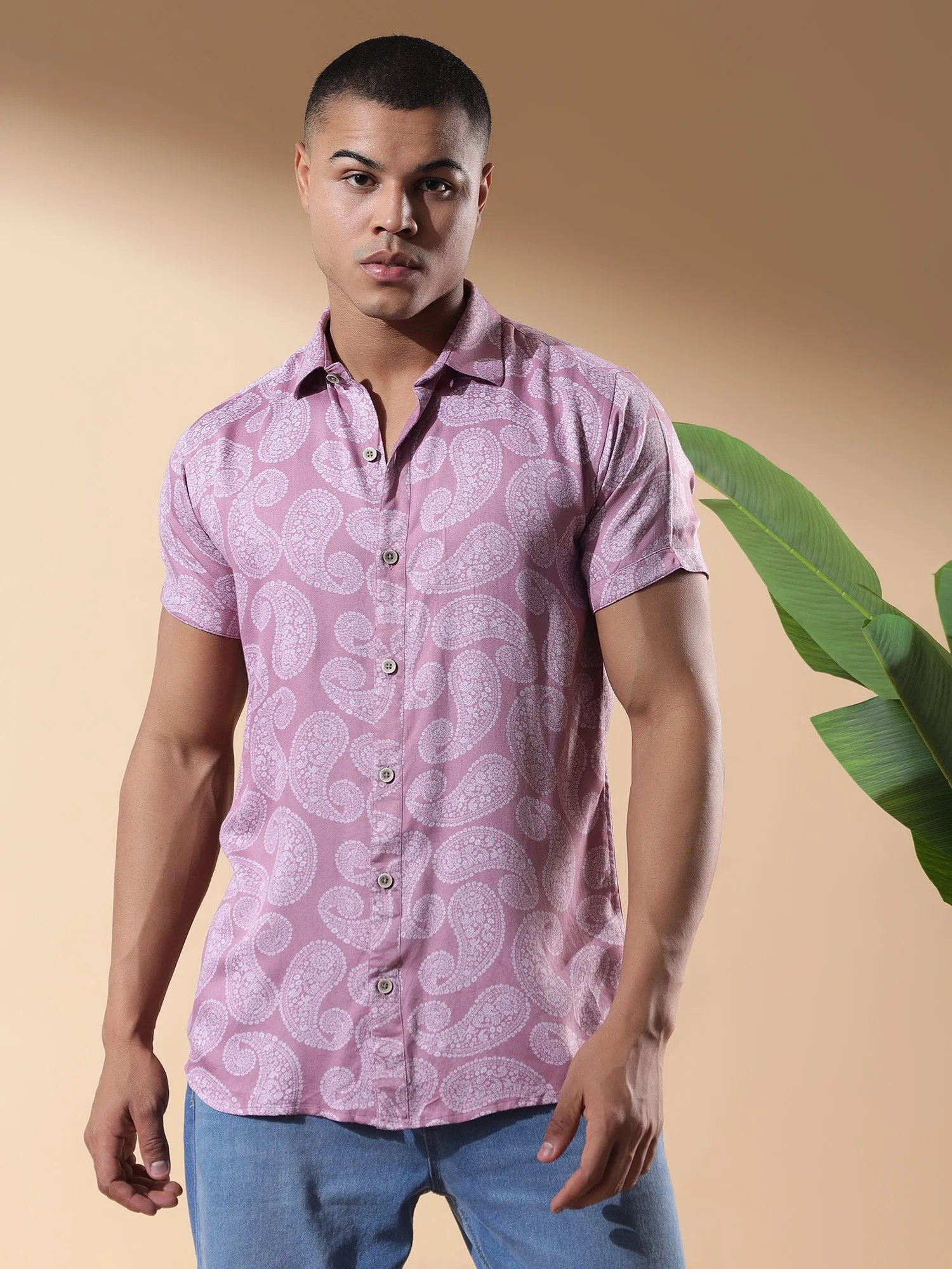 Pink Half Casual Printed Cotton Shirt Regular Fit For Man