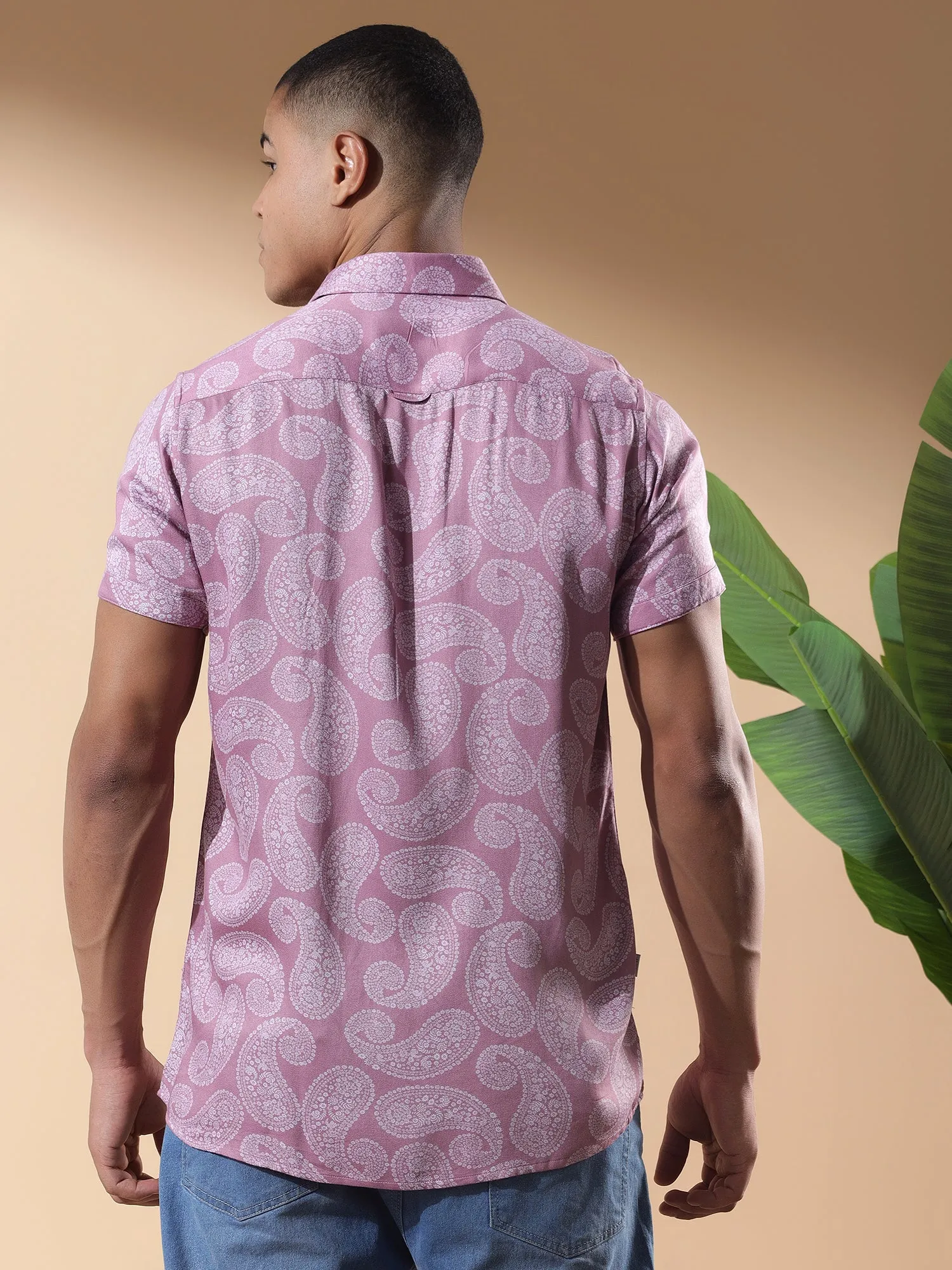 Pink Half Casual Printed Cotton Shirt Regular Fit For Man