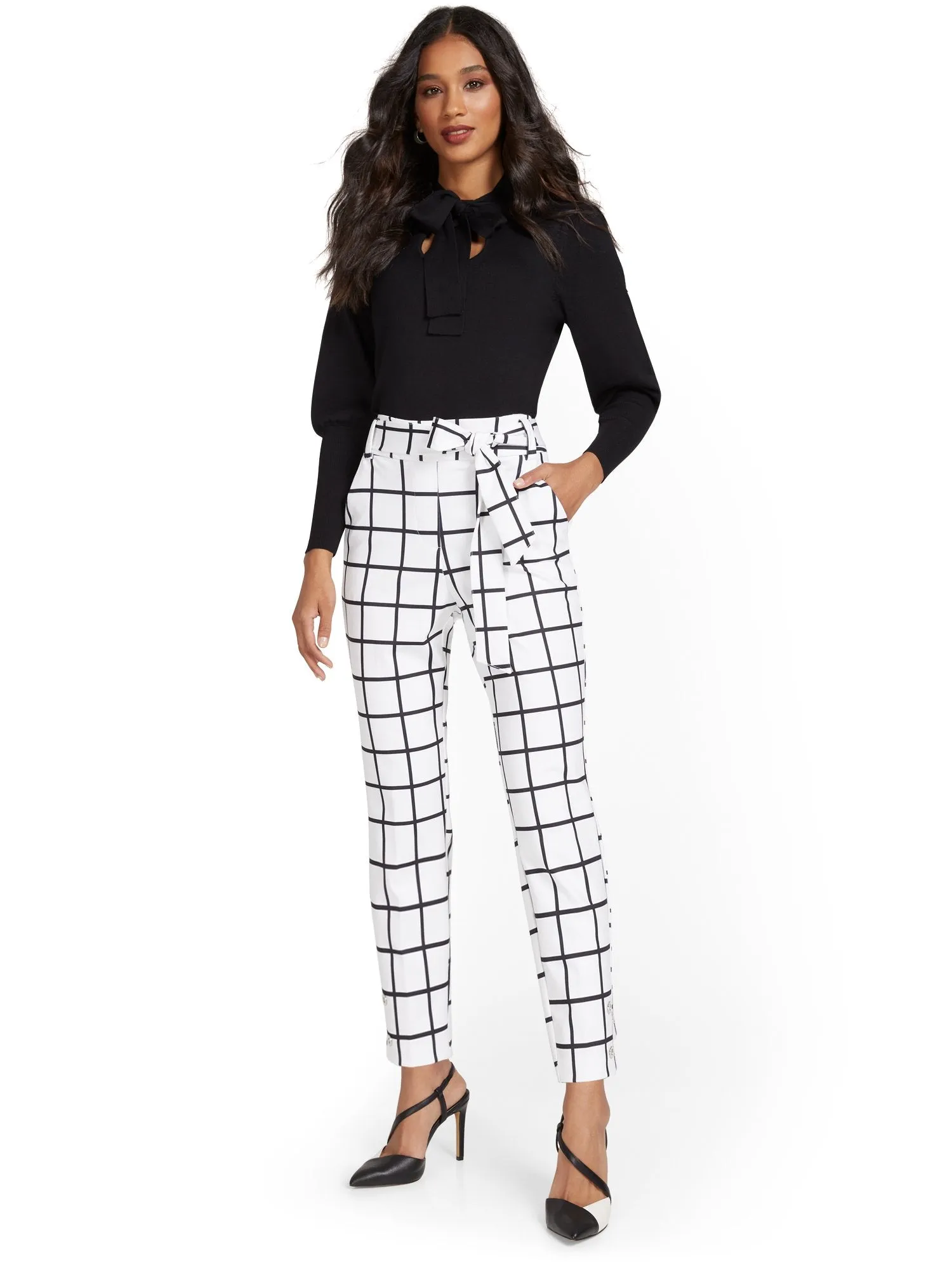 Pull-On Windowpane-Print Belted Ankle Ponte Pant - Superflex