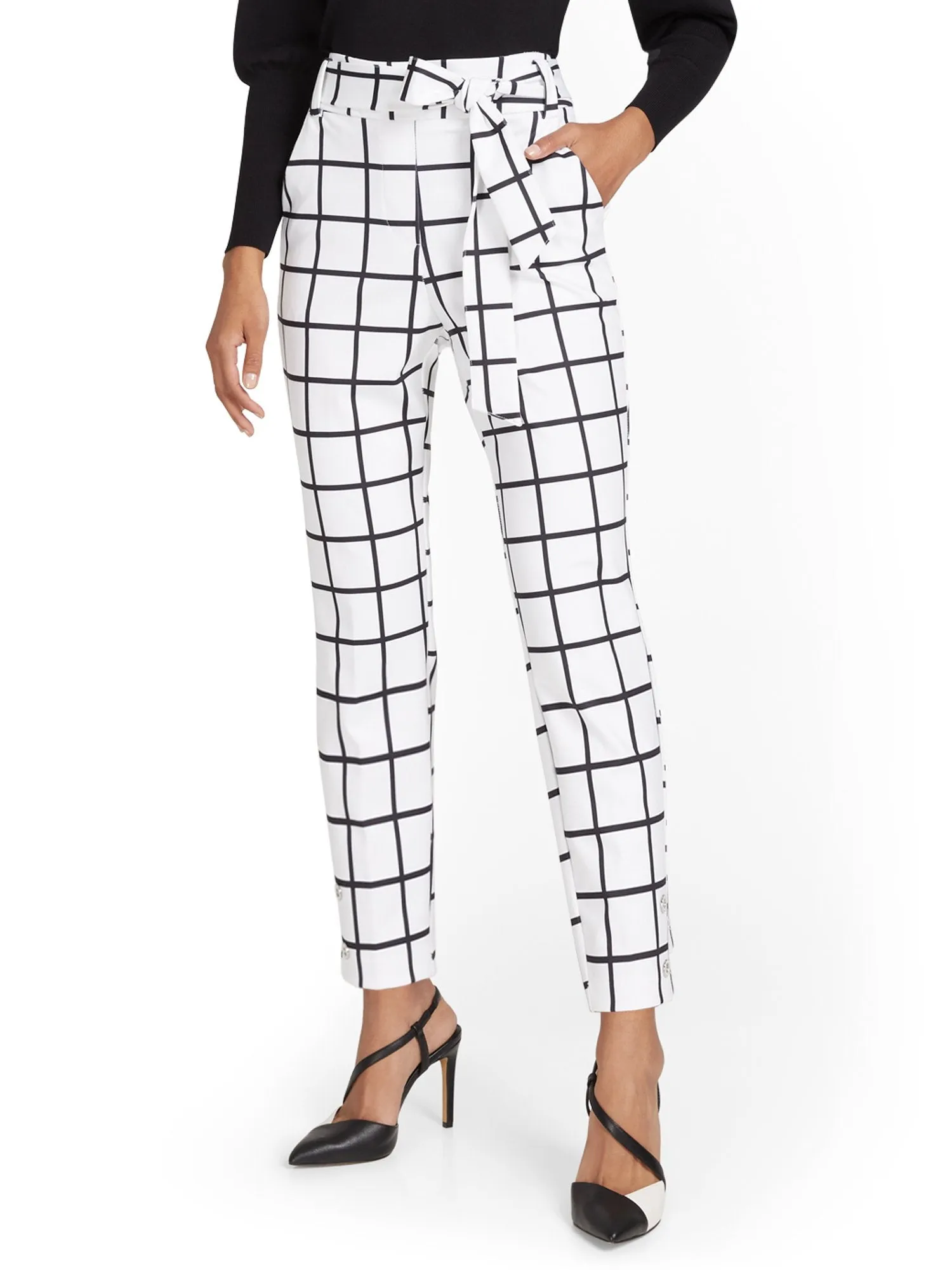 Pull-On Windowpane-Print Belted Ankle Ponte Pant - Superflex