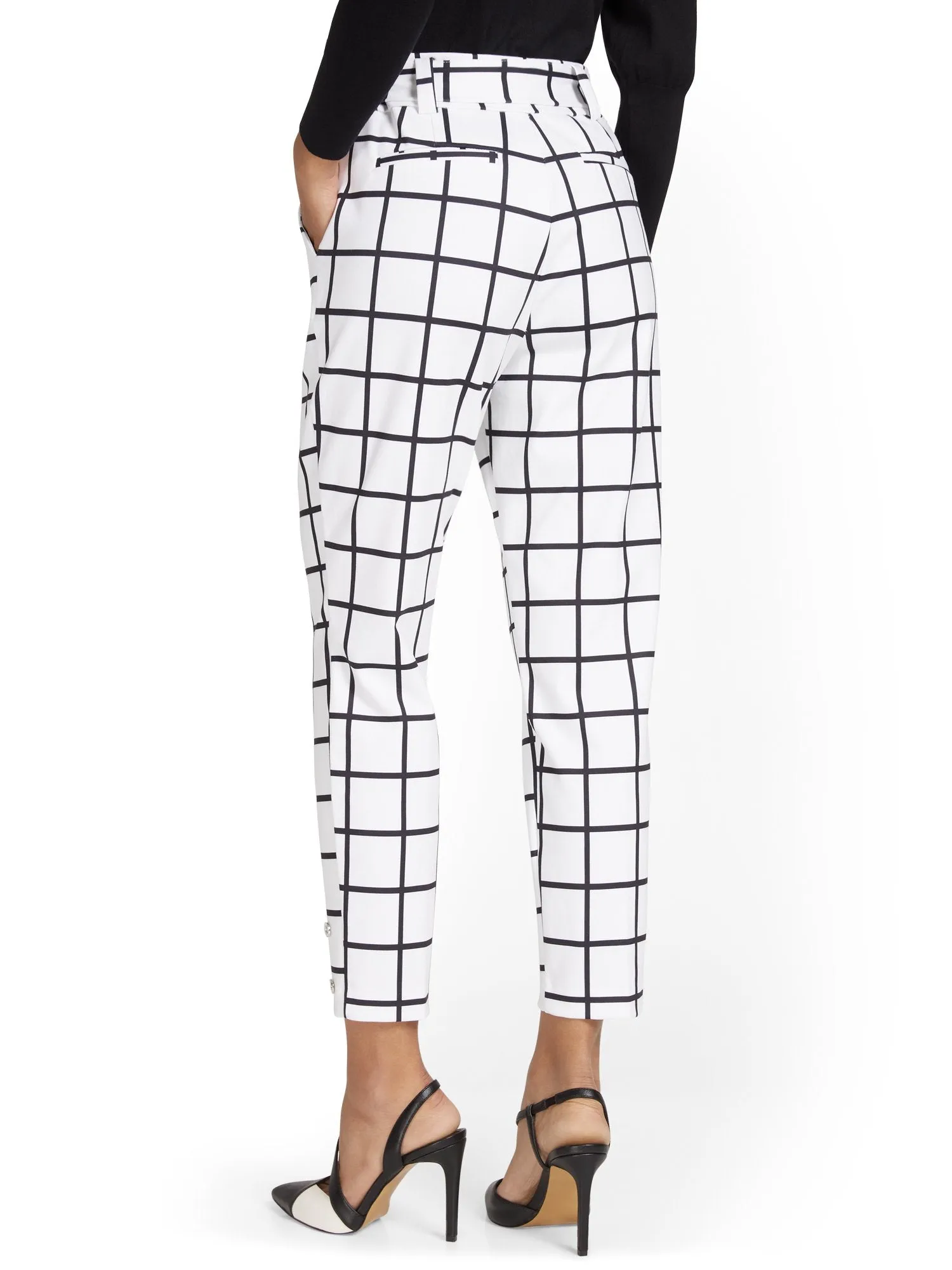 Pull-On Windowpane-Print Belted Ankle Ponte Pant - Superflex