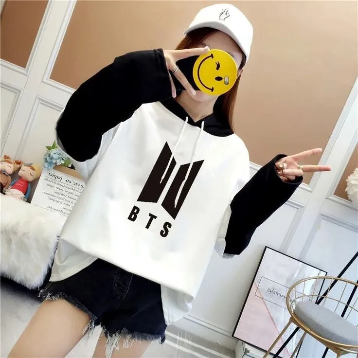 Stylish BTS Kpop Printed Oversized Hooded Sweatshirt For Women