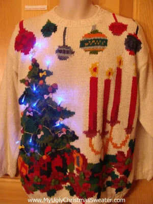 Tacky Light Up Christmas Sweater 80s Tree, Candles, Ornaments