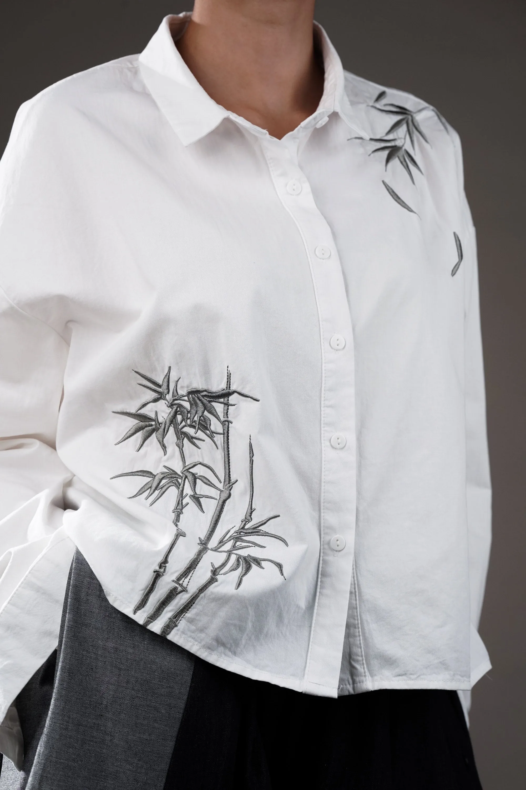 White Cotton Shirt With Bamboo Embroidery