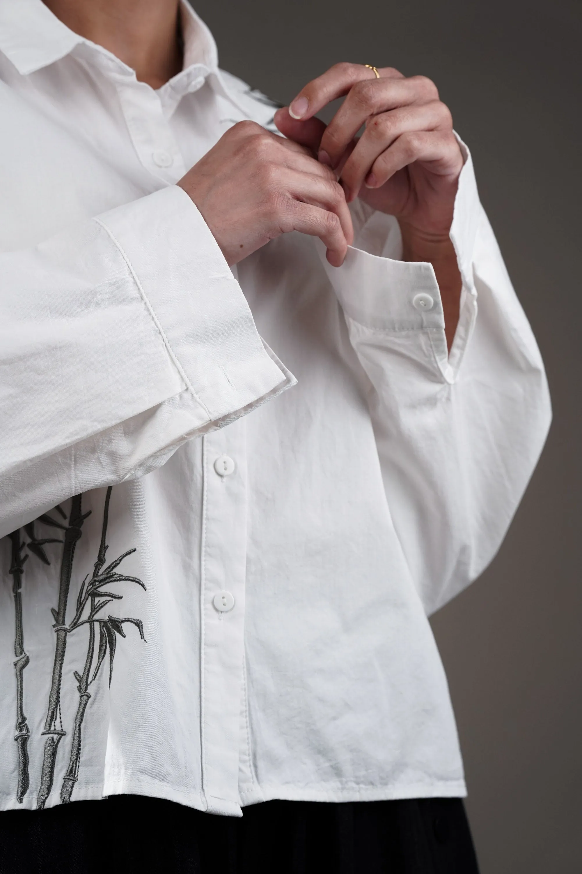 White Cotton Shirt With Bamboo Embroidery