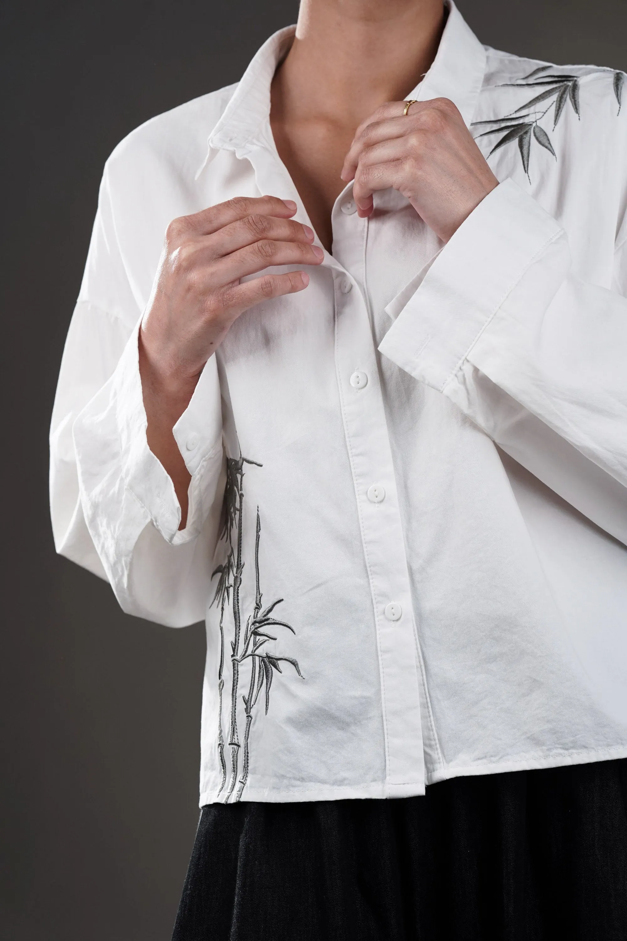 White Cotton Shirt With Bamboo Embroidery