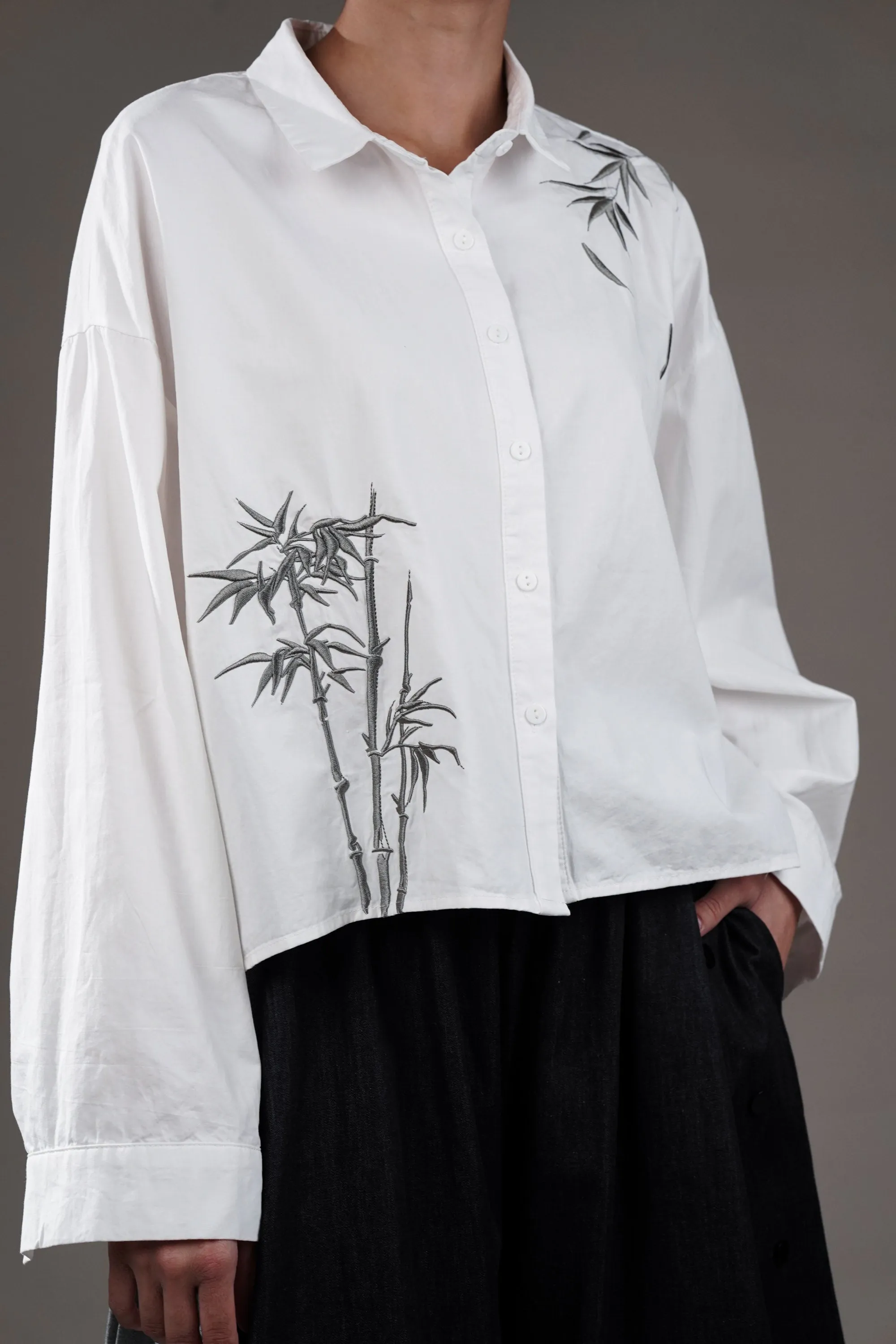 White Cotton Shirt With Bamboo Embroidery